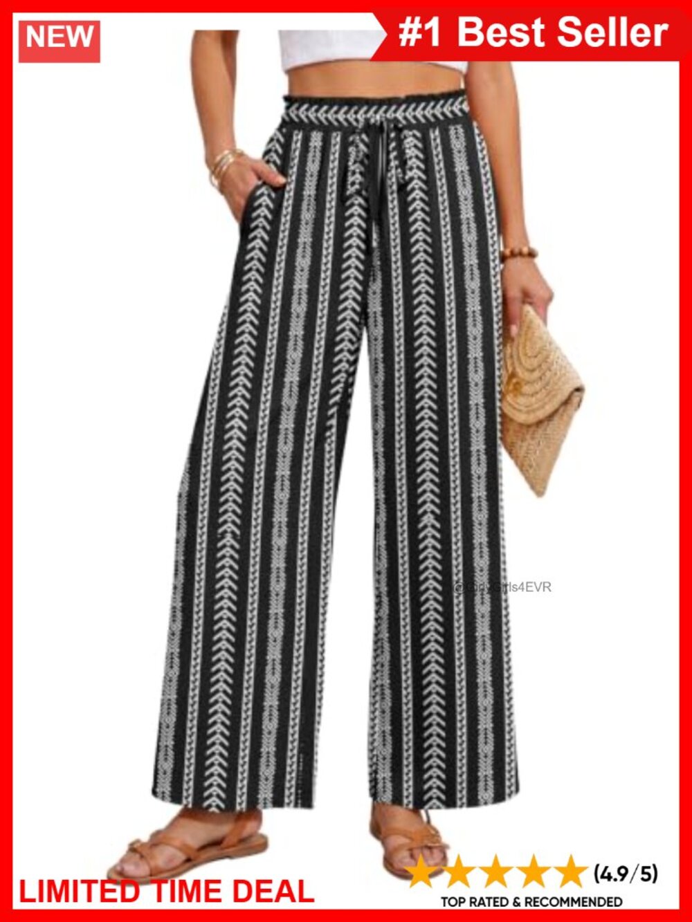 Wide Leg Pants High Waist Elastic Tie Knot Pockets Flowy Casual Palazzo